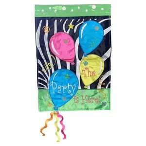 The Party is Here Balloons Confetti Applique Garden Flag